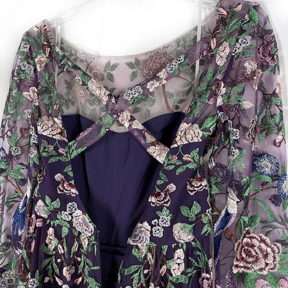 Marchesa Floral Embroidered Gown Purple Green Sheer Long Sleeve Dress Sz 2 - Picture 11 of 14